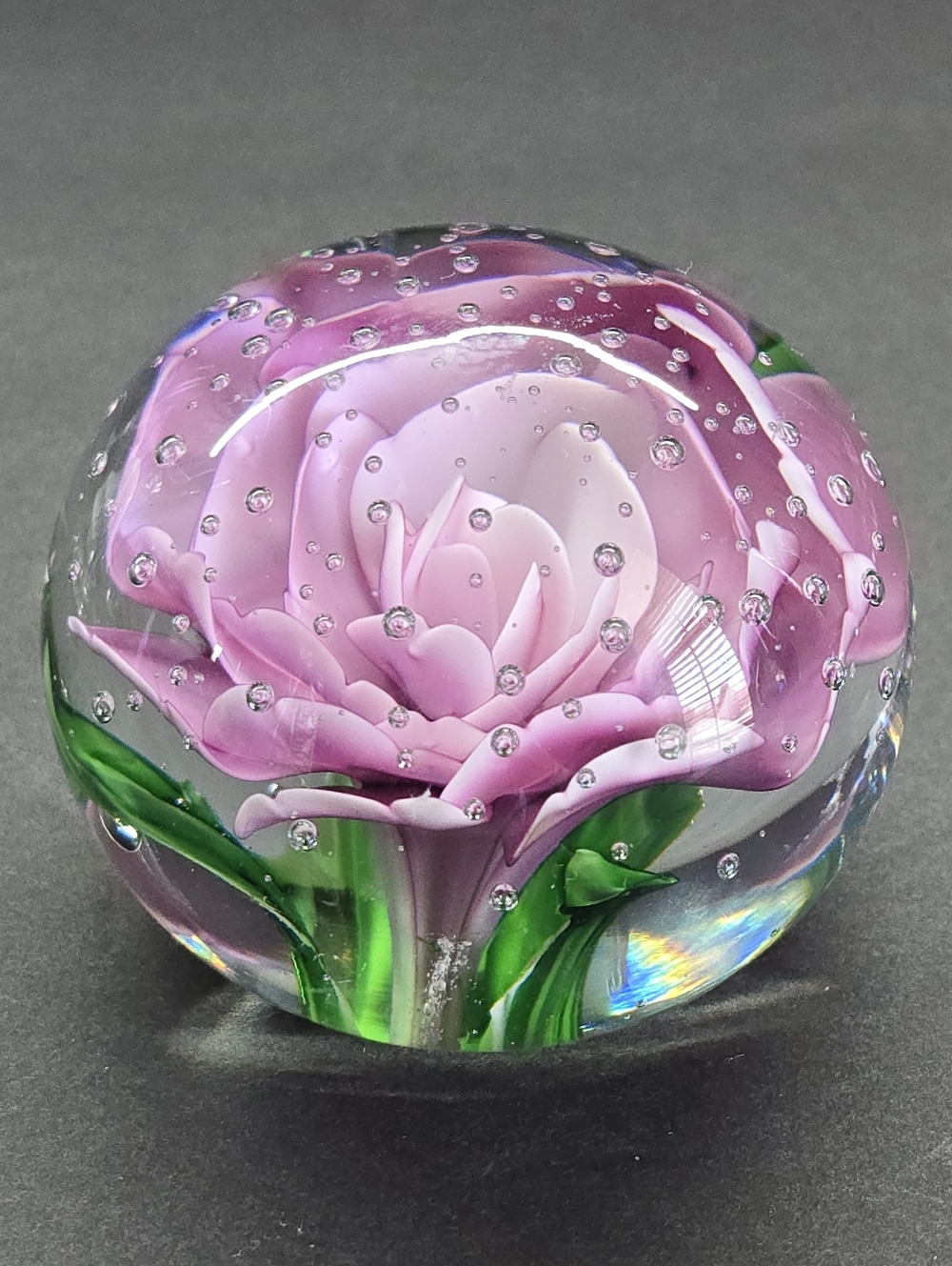 Paperweight Purple Rose Peony 2.5”Controlled Bubble Art Glass 1990’s Vintage SEE